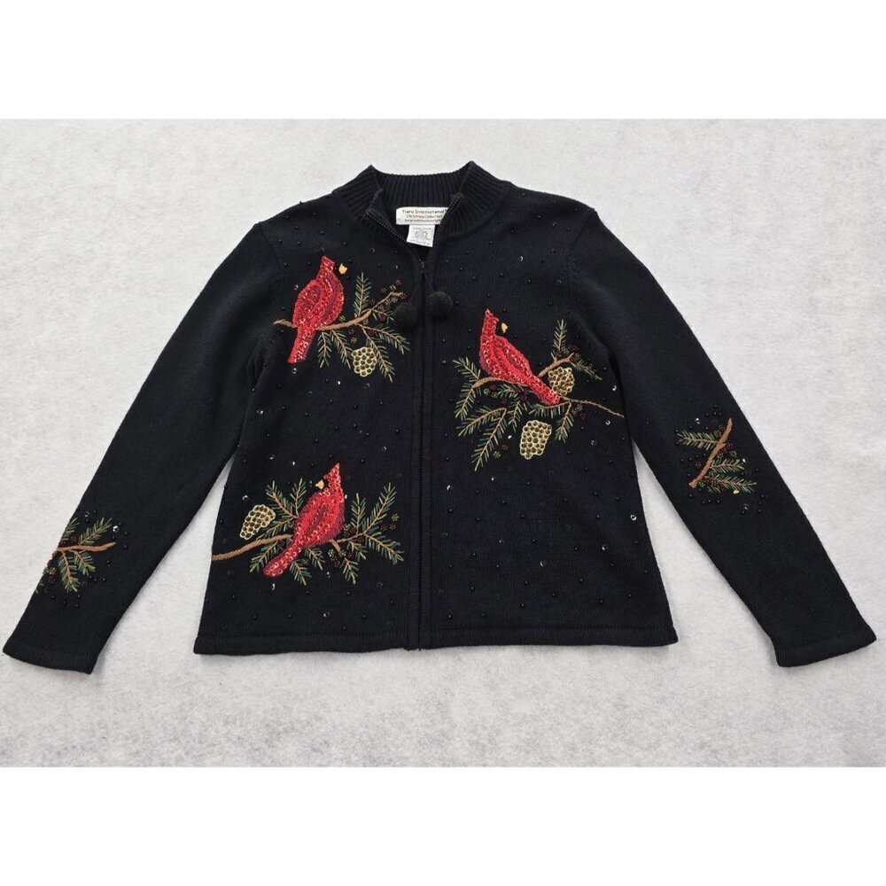 VTG Tiara International Christmas Zip Up Cardinal Cardigan Beaded Sweater Size M